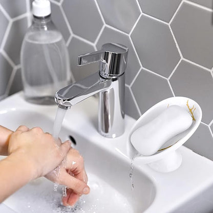 Soap Dish for Shower Ceramic Soap Holder Self Draining Leaf Shape Bar Soap Tray, Marble Pattern White Drain Soap Dish Holder for Bathroom,Easy Cleaning Keep Soap Dry