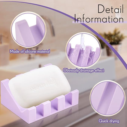 Cunhill 2 Pieces Silicone Soap Dish Self Draining Soap Dish Shower Waterfall Bar Soap Holder Tray with Drain Soap Saver for Kitchen Bathroom Accessories (Light Purple)
