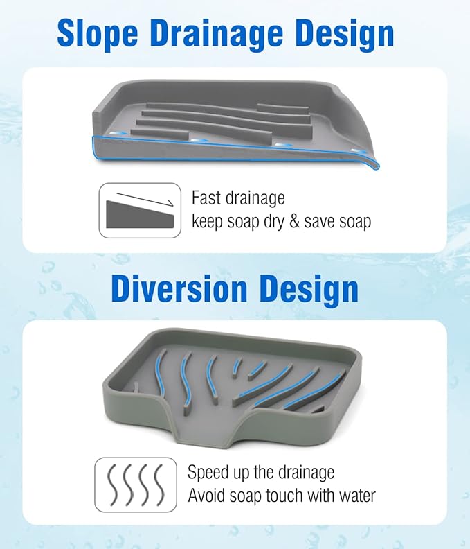 AIMAIAIMAI 3-Pack Silicone Soap Dish Set – Bar Soap Holder with Self-Draining Design, Easy-Clean Tray for Shower, Bathroom, Kitchen, and Tub (Gray)
