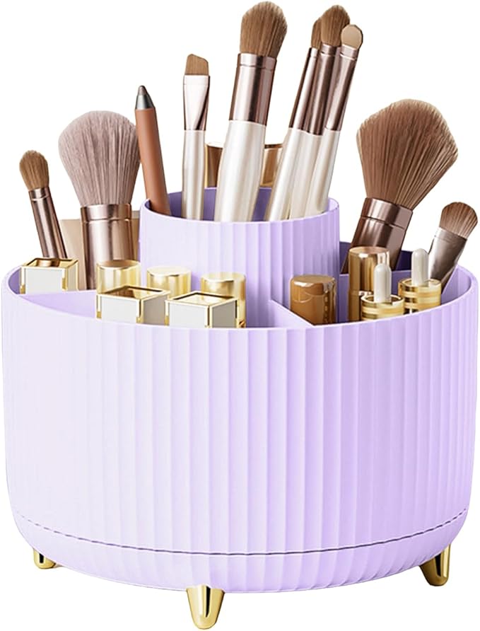 360 Degree Rotating Makeup Brush Holder Organizer Detachable Design 5 Slot Make up Brushes Cup for Cosmetics and Pencil Pen Organizer for Desk Makeup Organizer Skincare Storage for Vanity（Purple）