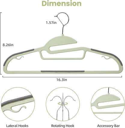 Heavy Duty Plastic Hangers 50 Pack with Non-Slip Design,0.2 Inches Thick,360°Swivel Hook Space Saving Organizer for Bedroom Closet,Shirts,Pants,Strong Enough for Coat(Matcha Green- S Shaped)