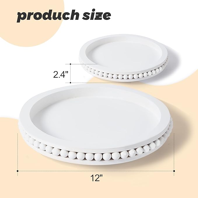 12 Inch White Beaded Lazy Susan for Table Top,Wooden Decorative Kitchen Organizer Turntable for Countertop,Lazy Susan for Dining Table Centerpiece Tray