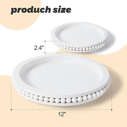 12 Inch White Beaded Lazy Susan for Table Top,Wooden Decorative Kitchen Organizer Turntable for Countertop,Lazy Susan for Dining Table Centerpiece Tray