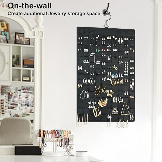 Dual Sided Hanging Jewelry Organizer with Hanger for Small Closet,Tangle Free Necklace Holder Over Door Large Capacity 300 Earrings+30 Necklaces, Soft Sturdy Felt Material,Gift Ready,1 Pack