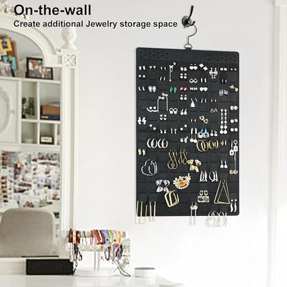 Dual Sided Hanging Jewelry Organizer with Hanger for Small Closet,Tangle Free Necklace Holder Over Door Large Capacity 300 Earrings+30 Necklaces, Soft Sturdy Felt Material,Gift Ready,1 Pack
