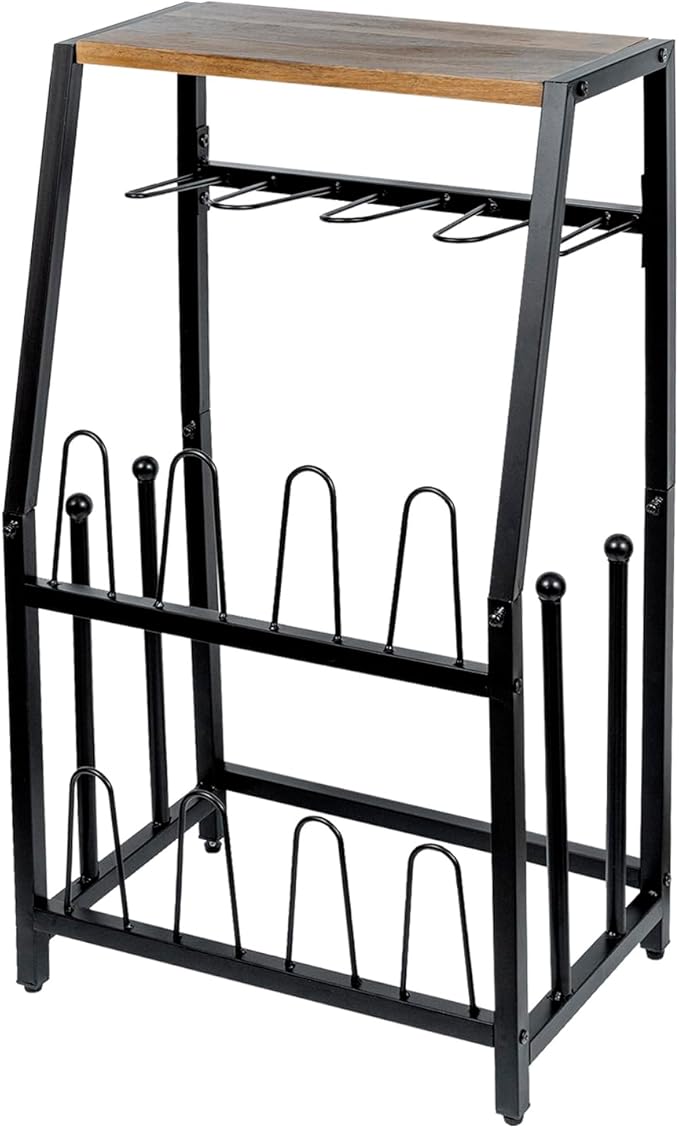 MyGift Acacia Wood & Black Metal Entryway Organizer: 2-in-1 Shoe Rack with Shelf & Boot Storage for 8 Pairs - Rustic Modern Entry Table with Adjustable Feet (Foyer/Mudroom/Garage)