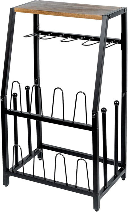 MyGift Acacia Wood & Black Metal Entryway Organizer: 2-in-1 Shoe Rack with Shelf & Boot Storage for 8 Pairs - Rustic Modern Entry Table with Adjustable Feet (Foyer/Mudroom/Garage)