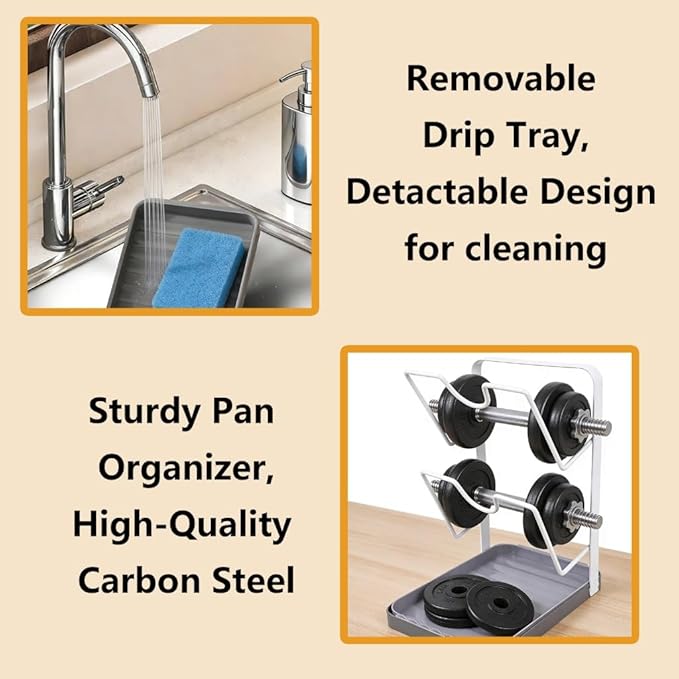 Pot Lid Organizer Rack, Kitchen Pot Lid Storage Rack, Carbon Steel 2-Tier Lids Holder with Detachable Drip Tray While Cooking, Pot Lid Holder Countertop, Multifunctional Space-Saving