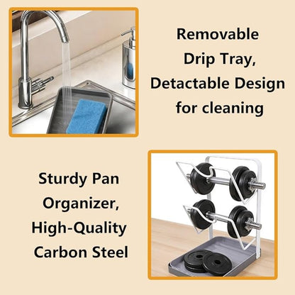 Pot Lid Organizer Rack, Kitchen Pot Lid Storage Rack, Carbon Steel 2-Tier Lids Holder with Detachable Drip Tray While Cooking, Pot Lid Holder Countertop, Multifunctional Space-Saving