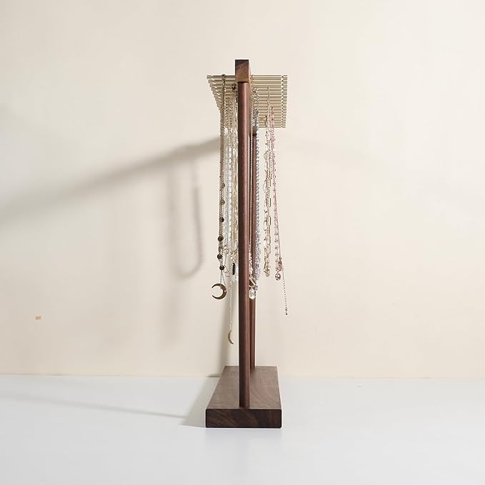 Large necklace hanger shelf with 17 copper bars, Wooden jewelry storage organizer rack for hanger necklace bracelet, necklace display stand for boutique store【Walnut】