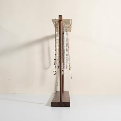 Large necklace hanger shelf with 17 copper bars, Wooden jewelry storage organizer rack for hanger necklace bracelet, necklace display stand for boutique store【Walnut】