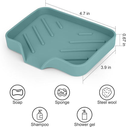 Silicone Soap Dish for Shower with Self Draining, 2 Pack Soap Holder for Bathroom, Silicone Sponge Holder for Kitchen Sink, Soap Tray for Dispenser, Scrubber, Bottle, 4.7"×3.9", Gray & Teal