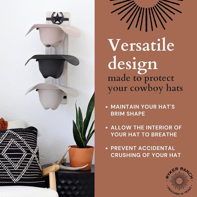 Ryker Ranch Cowboy Hat Rack for Wall | Western Hat Rack for Cowboy Hats | Rustic White Wood and Metal Cowboy Hat Holder for Wall | Cowboy Hat Hanger for Farmhouse Decor