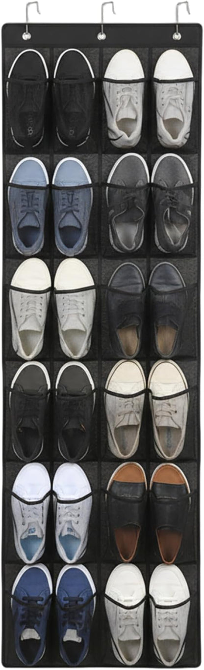 Shoe Hanger for Door 24 Mesh Pocket Over the Door Shoe Organizer Space Saving Hanging Storage Holder with Hooks 64x19 Inch Black