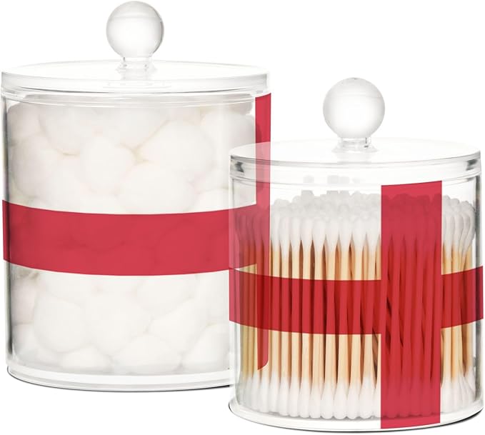 DOMIKING Flag England 2 Pack Bathroom Canisters Cotton Swab Holder Dispenser Plastic Cotton Ball Jar Acrylic Storage Containers for Cotton Ball Hair Clips Floss Picks