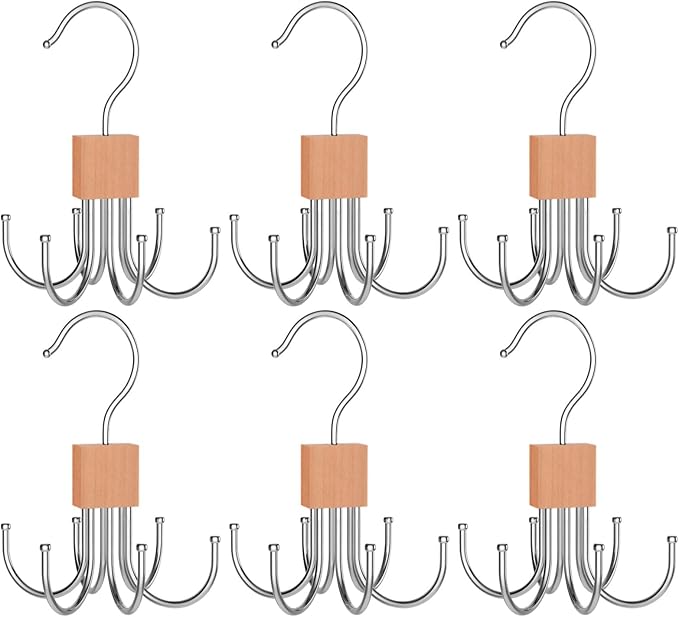 6-Pack Rotating Tie Hanger with 6 Hooks, Wooden Block with Stainless Steel Hooks for Scarves, Hats, Bags, Compact and Foldable