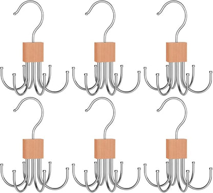 6-Pack Rotating Tie Hanger with 6 Hooks, Wooden Block with Stainless Steel Hooks for Scarves, Hats, Bags, Compact and Foldable