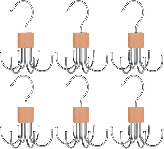 6-Pack Rotating Tie Hanger with 6 Hooks, Wooden Block with Stainless Steel Hooks for Scarves, Hats, Bags, Compact and Foldable