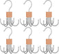 6-Pack Rotating Tie Hanger with 6 Hooks, Wooden Block with Stainless Steel Hooks for Scarves, Hats, Bags, Compact and Foldable