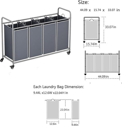 Laundry Basket, 4-Bag Laundry Hamper, Grey Laundry Sorter with Heavy Duty Lockable Rolling Wheels, Laundry Room Organization with Removable Bags Basket Separator for Dirty Clothes Storage
