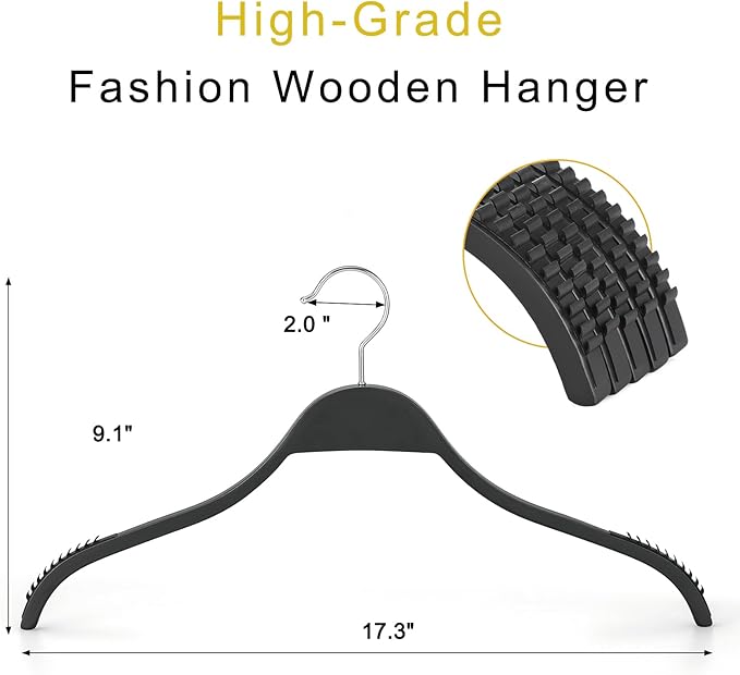 TOPIA HANGER Slim Wooden Hangers with Extra Soft Non-Slip Rubber Grips, 30-Pack High-Grade Fashion Hanger No Shoulder Bump for Sweater, Camisole, Jacket, Dress, Coat (Black)-CT15B30