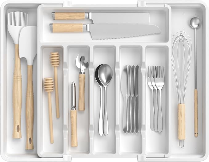 RoomHacks Large Silverware Organizer,Expandable Utensil Drawer Organizer,BPA Free Utensil Holder,Adjustable Silverware Tray Cutlery Drawer Organizer for Kitchen Flatware,Large,White (6-8 Slots)