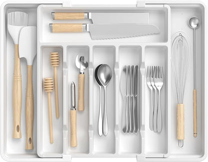 RoomHacks Large Silverware Organizer,Expandable Utensil Drawer Organizer,BPA Free Utensil Holder,Adjustable Silverware Tray Cutlery Drawer Organizer for Kitchen Flatware,Large,White (6-8 Slots)