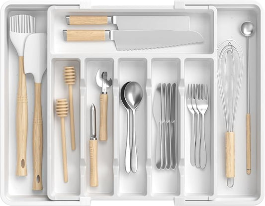 RoomHacks Large Silverware Organizer,Expandable Utensil Drawer Organizer,BPA Free Utensil Holder,Adjustable Silverware Tray Cutlery Drawer Organizer for Kitchen Flatware,Large,White (6-8 Slots)