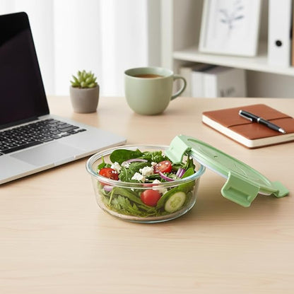 1.5 Cup Round Glass Food Container with Lids and Folding spoon, Small Round Glass Storage Container, 12oz Food Bowls with Spoons for Lunch Office, Oven, Freezer, Dishwasher Safe (4Pack)