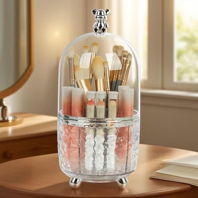 Dezzer Makeup Brush Holder with Lid, 360 Rotating Dustproof Make Up Organizers, 6 Slot Make up Brush Holder for Vanity Bathroom Countertop Office, Clear