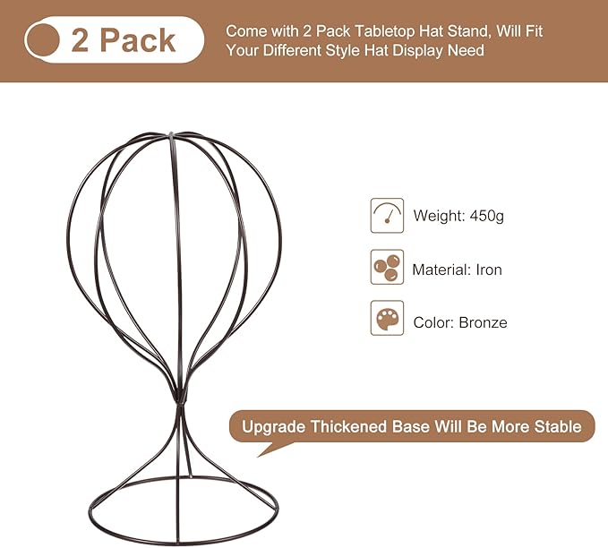 uxcell Metal Hat Display Stand 2 Pack Tabletop Hat and Wig Rack Modern Women Closet Holder for Baseball Cap, Fedora Hat, Cowboy Hat - Bronze