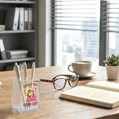 Better Late Than Ugly Acrylic Makeup Brush Organizer Holder, Cute Cat Desk Storage Organizer, Office Gifts for Coworker Boss Female, Self Affirmation Gifts for Cat Lover Friend Makeup Artist