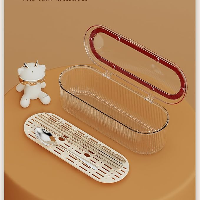 Silverware Organizer with Lid and Drainer, Covered Utensil Tray for Kitchen Drawer and Countertop, Red Clear Plastic Cutlery and Flatware Storage Box for Spoons Forks Knives Holder Case