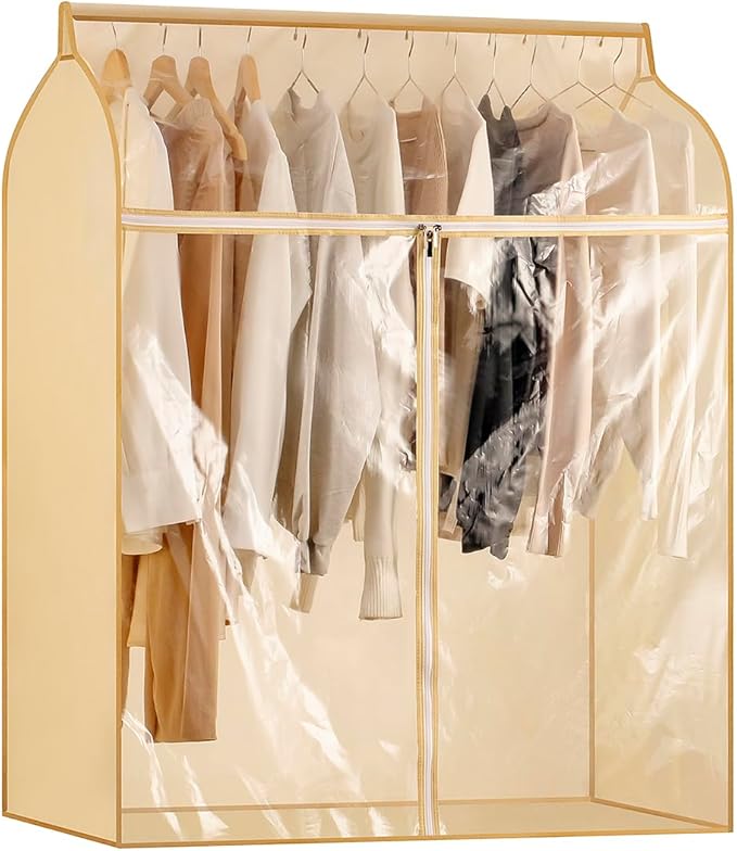 Garment Bags for Hanging Clothes Storage Closet Garment Rack Cover Dust Proof Coat Protector for Suits Jackets with Large Clear Window (Beige)