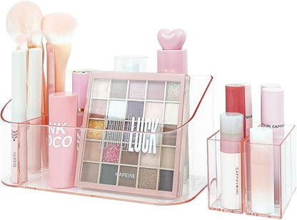 SUNFICON Makeup Holder Tray Organizer Cosmetic Display Case Tabletop Desktop Vanity Countertop Bathroom Wall Cabinet Medicine Storage Box 9 Dividers 2 Removable for Womens Ladies Girls Crystal Pink