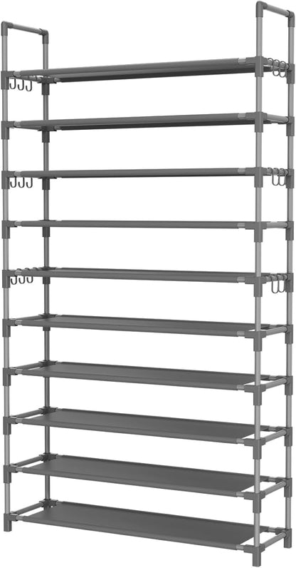LANTEFUL Tall Shoe Rack 10 Tier Shoe Organizer Large Shoe Shelf with 18 Hooks Storage for 50 Pair Sneaker and Boot, Stackable Vertical Shoe Rack Organizer for Closet, Entryway, Bedroom, Grey