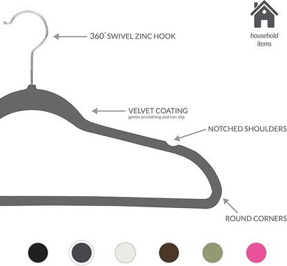 Simplify Slim Velvet Clothes Hangers | 50 Pack | Non-Slip | Shirts | Suit | Pants | Dresses | Garments | Closet Storage & Organization | Durable | Grey