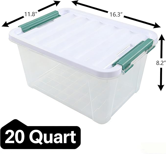 20 Quart Stackable Plastic Storage Bins with Lids, 6 Pack Durable Nestable Containers, Clear Latching Storage Box