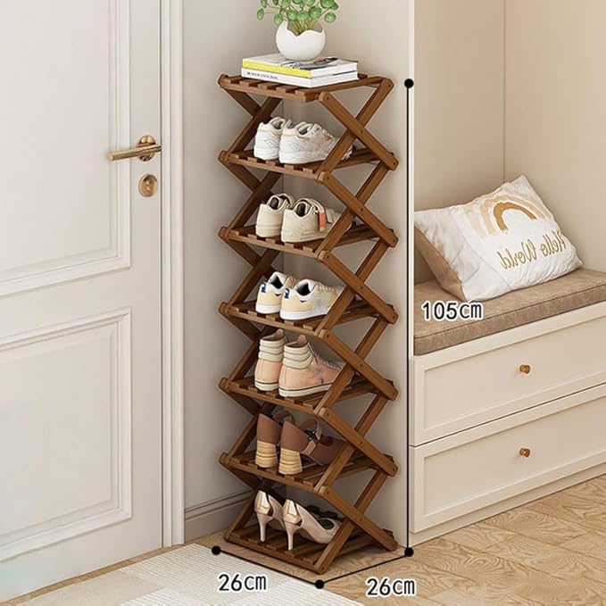 YYW Shoe Rack, Foldable Bamboo Shoes Shelf, Freestanding Shoe Storage Organiser for Entryway, Hallway, Bedroom, Closet (Brown, 7 Layers)