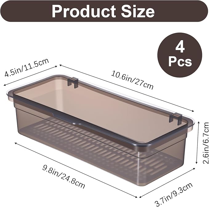 4 PCS Flatware Tray with Lid and Drainer, Silverware Tray with Lid, Plastic Utensil Drawer Organizer, Clear Grey Cutlery Storage Container for Kitchen Home Travel