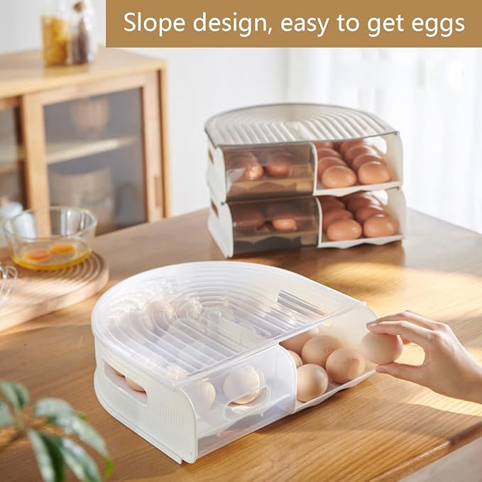 Stackable, Clear Plastic Egg Container with Lid - Rolling Refrigerator Organizer Bins for Eggs