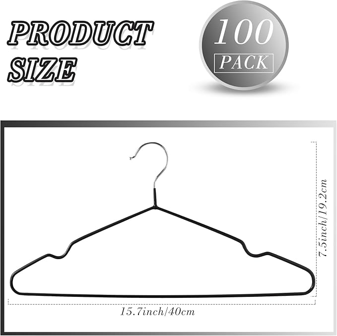 Wesiti 100 Pcs Metal Wire Non Slip Hangers for Clothes Space Saving Hanger Strong 15.7 in Triangle Clothes Coat Suit Bridal Boutique Dress for Closet Dorm Rack(Black)