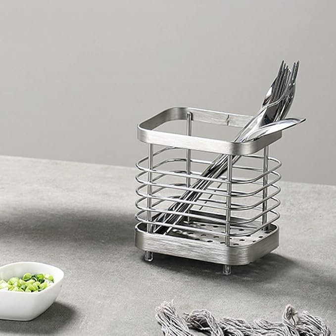 Utensil Holder, Stainless Steel Sink Utensils Holder Countertop, Kitchen Utensil Drying Caddy, Cutlery Drainer for Utensil, Rust-Proof Cutlery Sink Organizer (Silver)