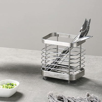 Utensil Holder, Stainless Steel Sink Utensils Holder Countertop, Kitchen Utensil Drying Caddy, Cutlery Drainer for Utensil, Rust-Proof Cutlery Sink Organizer (Silver)