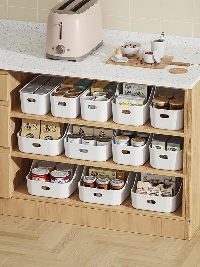 White Plastic Bins / Storage Organizers - Pantry Baskets, Bins for Shelves, Organizer and Storage for Bathroom, Bedrooms, Kitchens and More - Small Size (3 Pack)