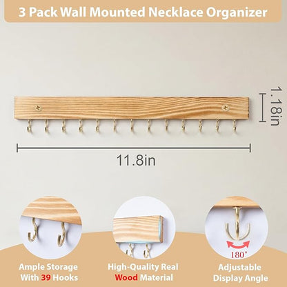 3 Pack Necklace Holder Wall Mounted Hanging Jewelry Organizer, Wooden Jewelry Hanger with 39 Hooks for Necklace Earring Bracelet & Accessories Display, Jewelry Storage Holder for Bedroom Closet Decor