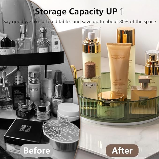 Rotating Makeup Organizer for Vanity, Spinning Cosmetics Storage for Bathroom Countertop, Skincare Holder Rack for Facial Cream, Perfume, Lotion, Lipstick(1 Tier, Dark Green)