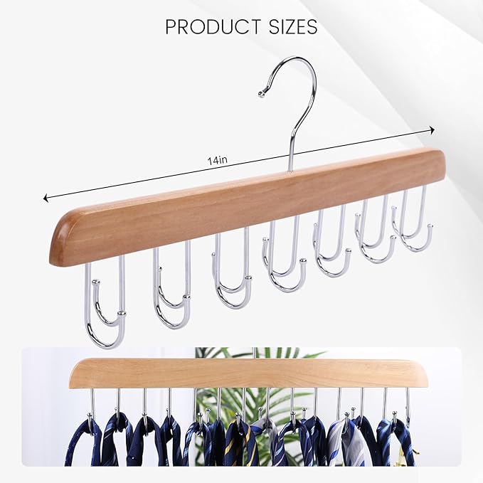 JOHOUSE Belt Organizer for Closet Max 42 Belts, Wooden Sports Bra Hanger Tie Rack with 14 Hooks for Men Women Tank Top, Scarf Closet Storage