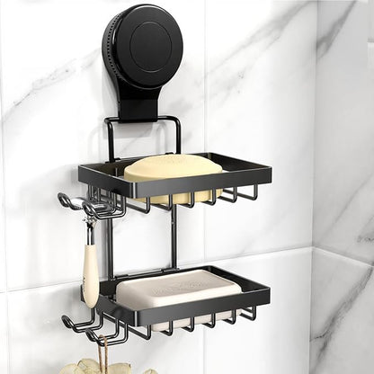 Soap Holder Dish Suction Cup, Bar Shampoo Rack for Shower Wall, Draining Soap Saver Tray for Bathroom, Rustproof Stainless Steel Sponge Holder for Tub, Kitchen, Drill-Free (Black, 2-Tier)