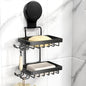 Soap Holder Dish Suction Cup, Bar Shampoo Rack for Shower Wall, Draining Soap Saver Tray for Bathroom, Rustproof Stainless Steel Sponge Holder for Tub, Kitchen, Drill-Free (Black, 2-Tier)